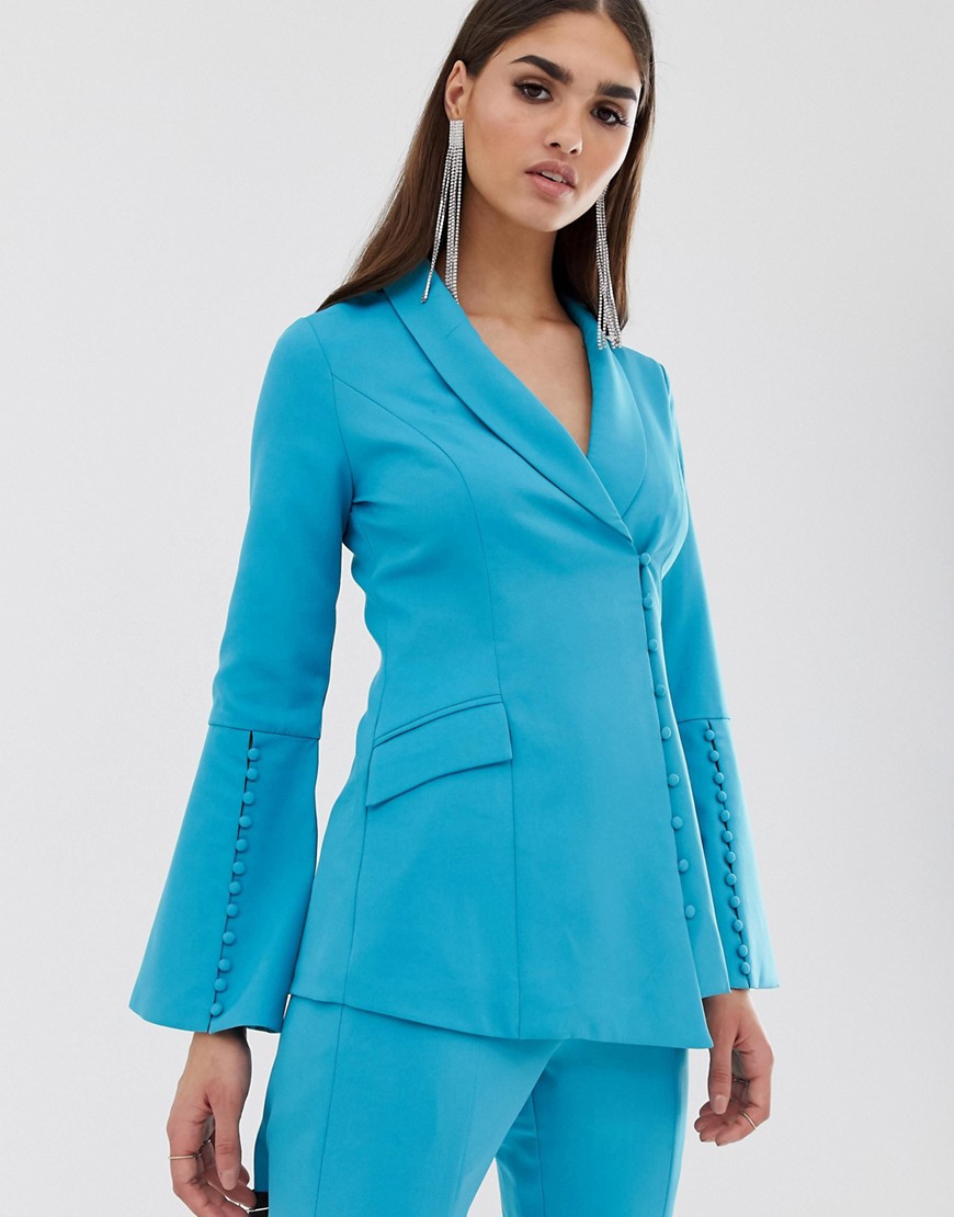 Lavish Alice bell sleeve fitted blazer with button detail in turquoise