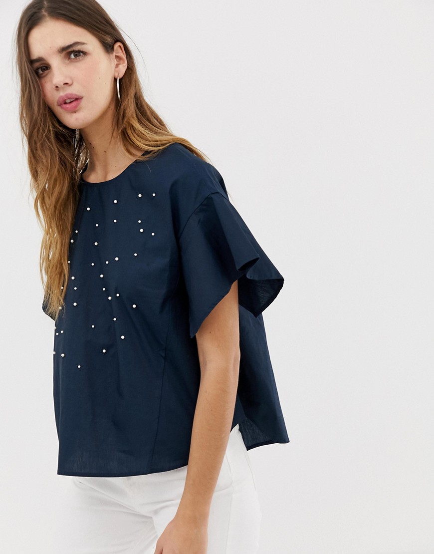 QED London embellished blouse with frill sleeve