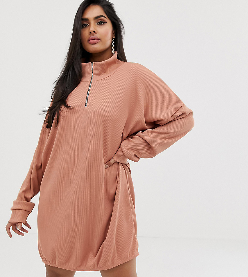 PrettyLittleThing Plus zip through mini jumper dress in camel