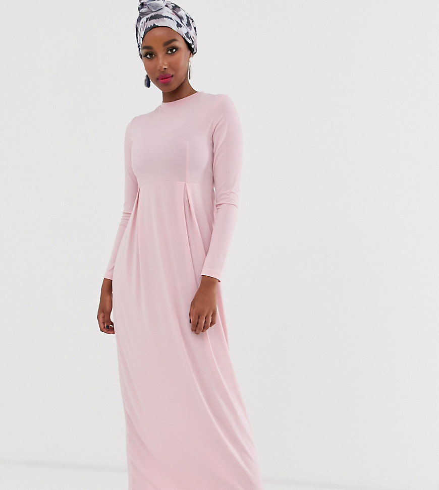 Verona long sleeve jersey maxi dress with pleat in pink