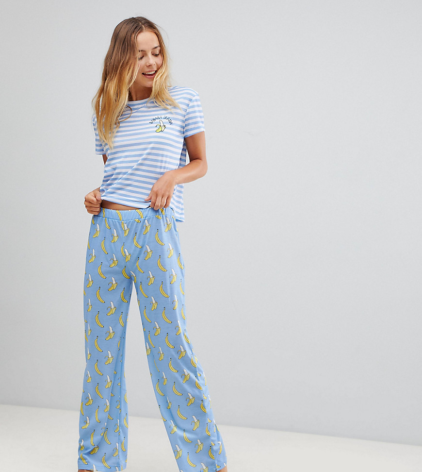 Hey Peachy Banana Drama Striped Long Pyjama Set - Blue