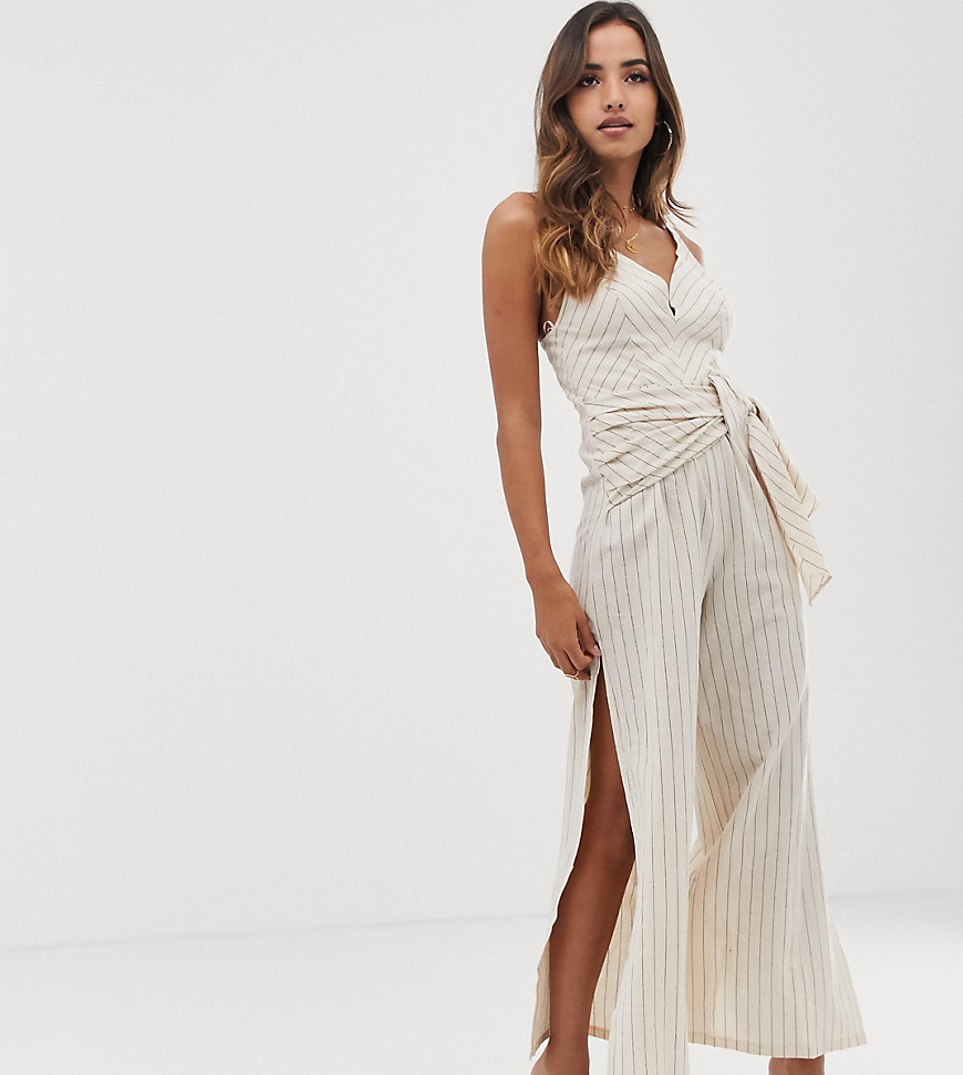 Parallel Lines linen jumpsuit with tie front in pinstripe