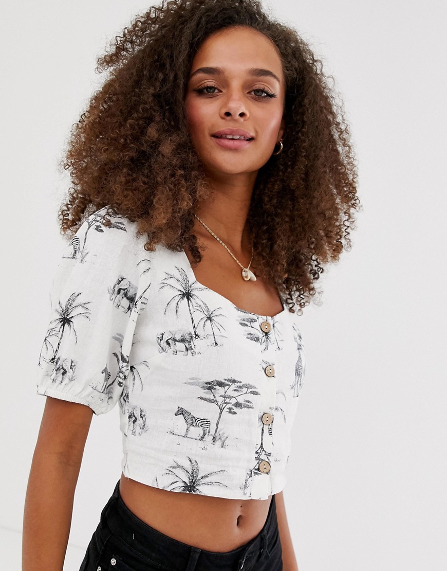 New Look square neck animal print button through top in white pattern
