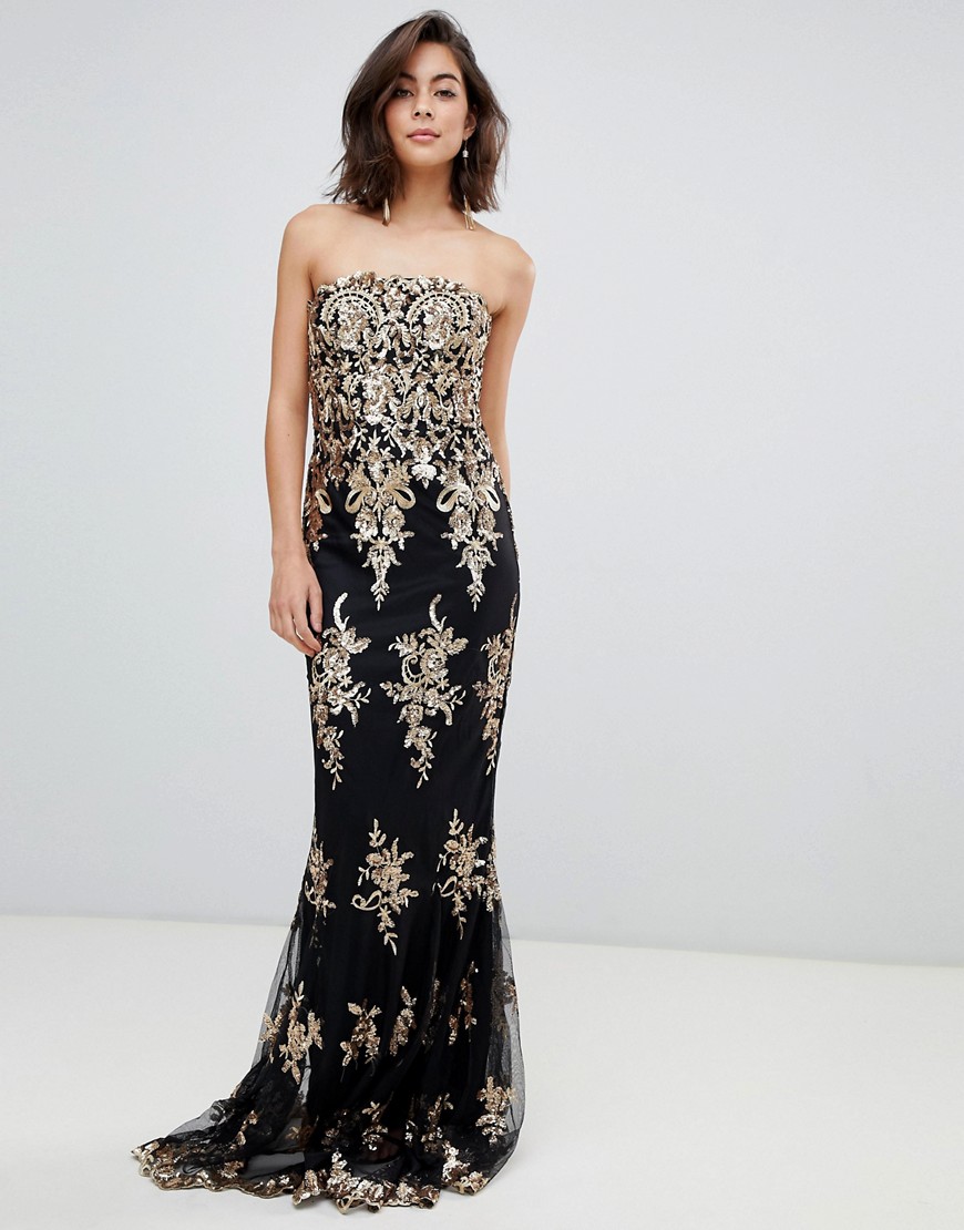 City Goddess Strapless Sequin Embroidered Maxi Dress - Champagne black