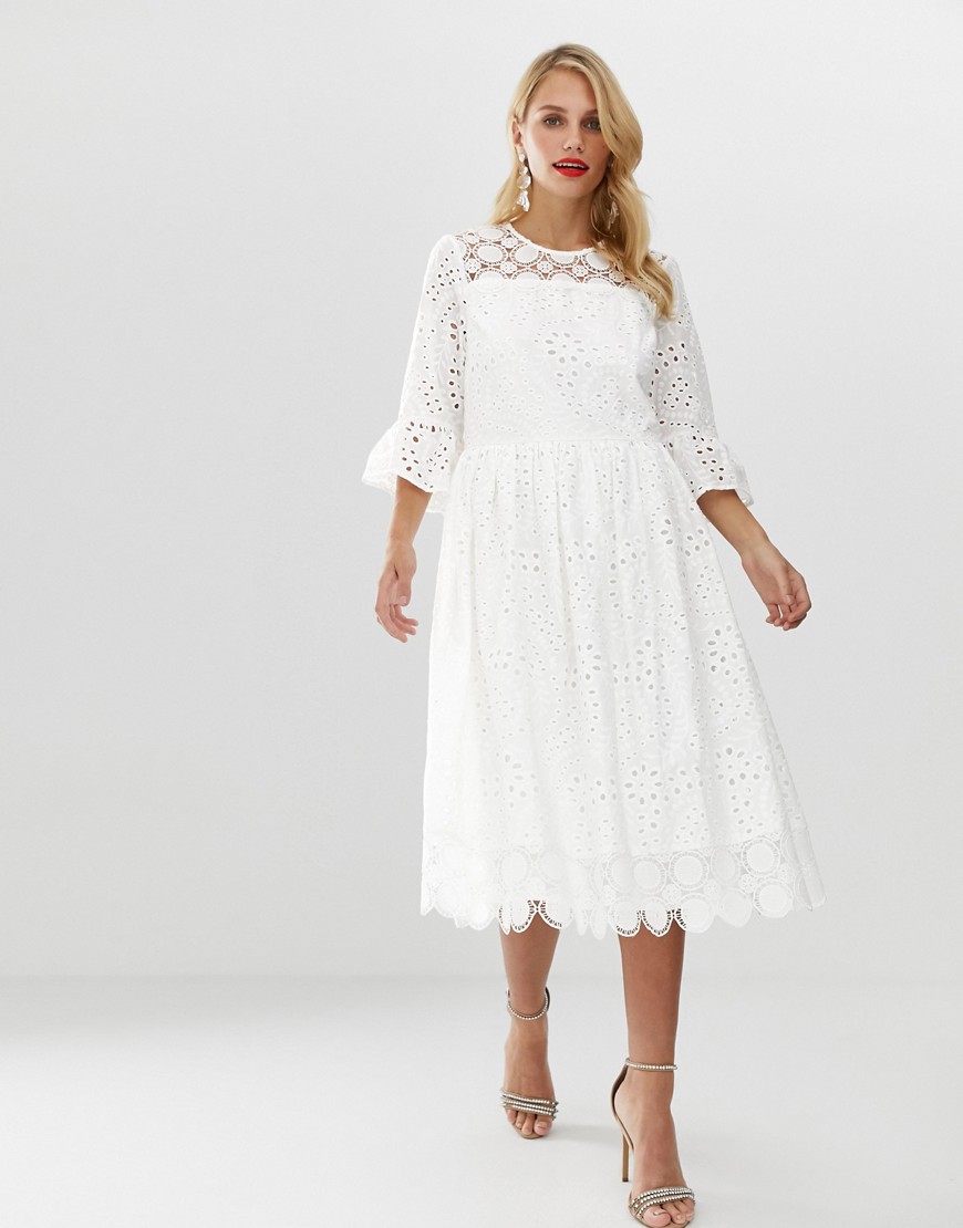 ASOS DESIGN broderie smock midi dress with fluted sleeves