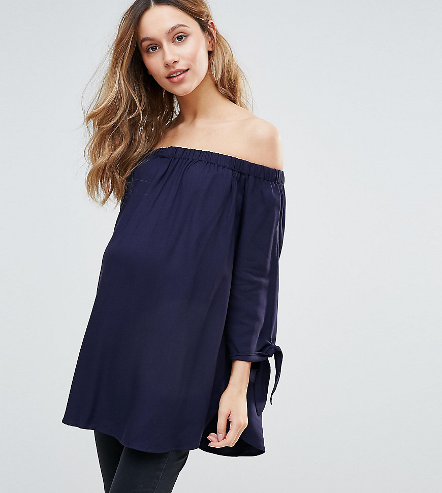 Isabella Oliver Bardot Top With Bow Sleeve Detail - Navy