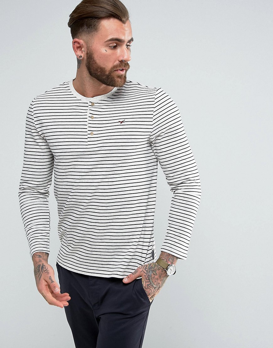 Gandys Long Sleeve T-Shirt In Stripe With Grandad Neck - White