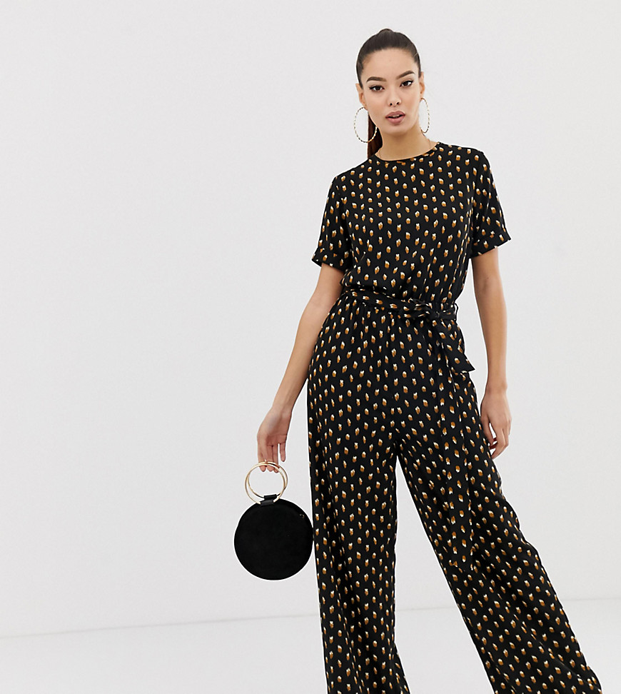Missguided belted wide leg jumpsuit in black spot