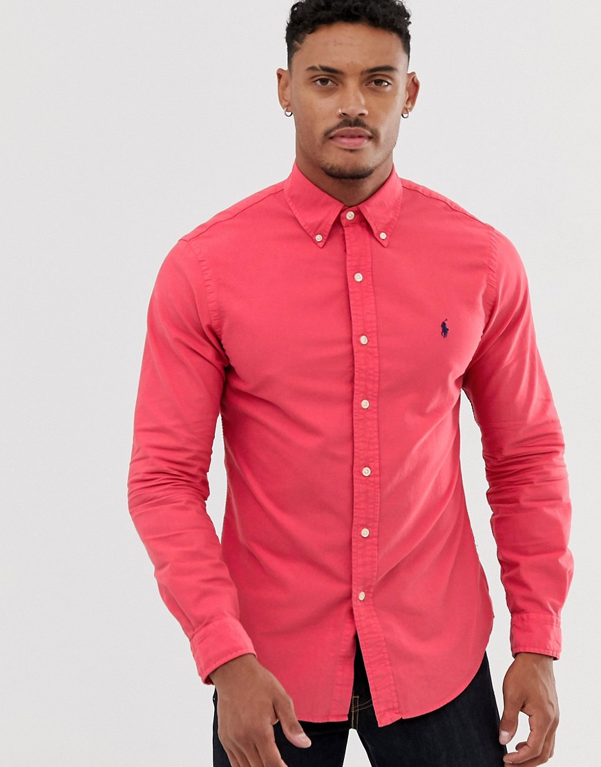 Polo Ralph Lauren player logo garment dye oxford button down shirt slim fit in red