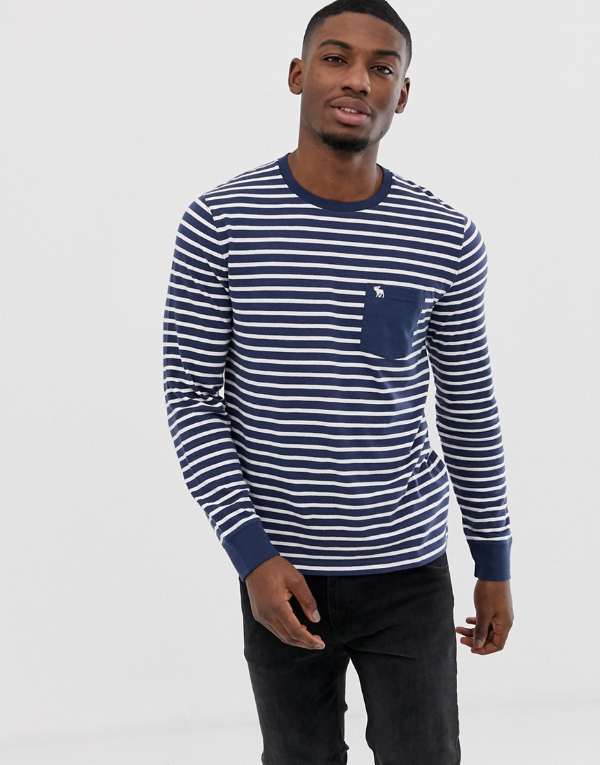 Abercrombie & Fitch stripe icon logo pocket long sleeve top in navy/white