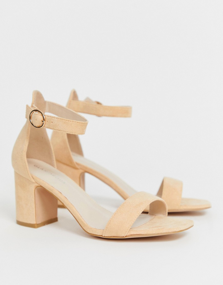 Glamorous mid heeled sandal with buckle strap in peach