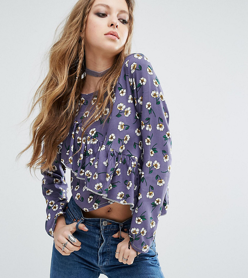 Milk It Smock Top With Frill Detail In Floral - Purple