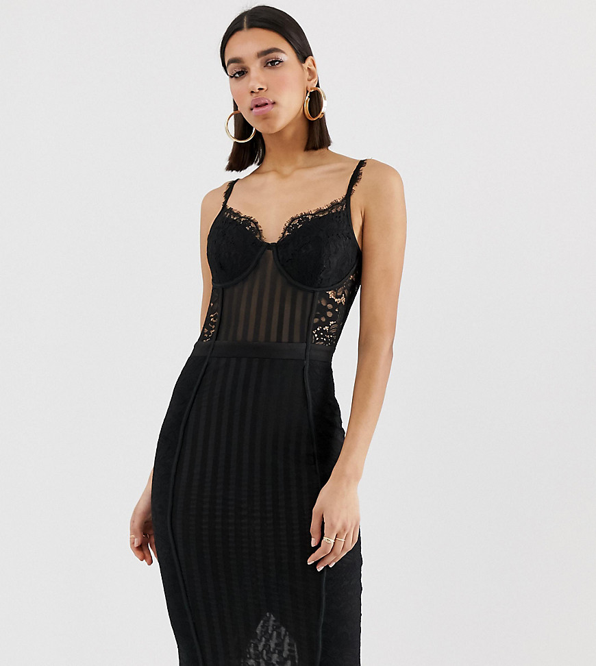 PrettyLittleThing bodycon midi dress with lace and mesh panels in black