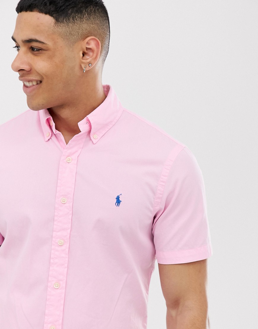 Polo Ralph Lauren player logo short sleeve lightweight twill shirt slim fit in pink