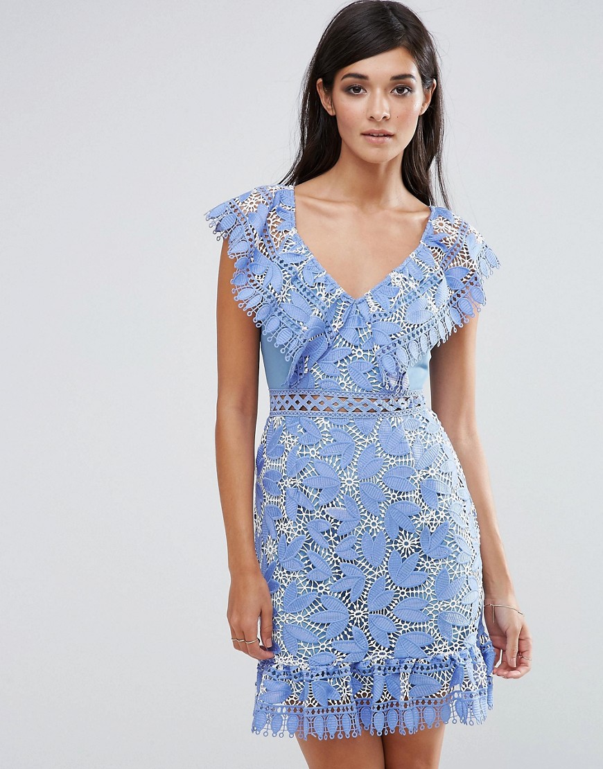 Aijek Lace Mini Dress With Lace Flutter Neckline - Cornflower blue