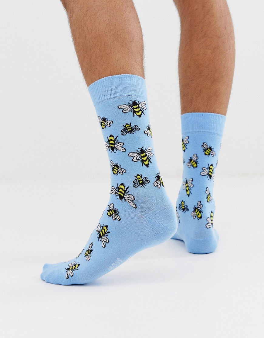 Moss London cotton mix socks in light blue with bee print