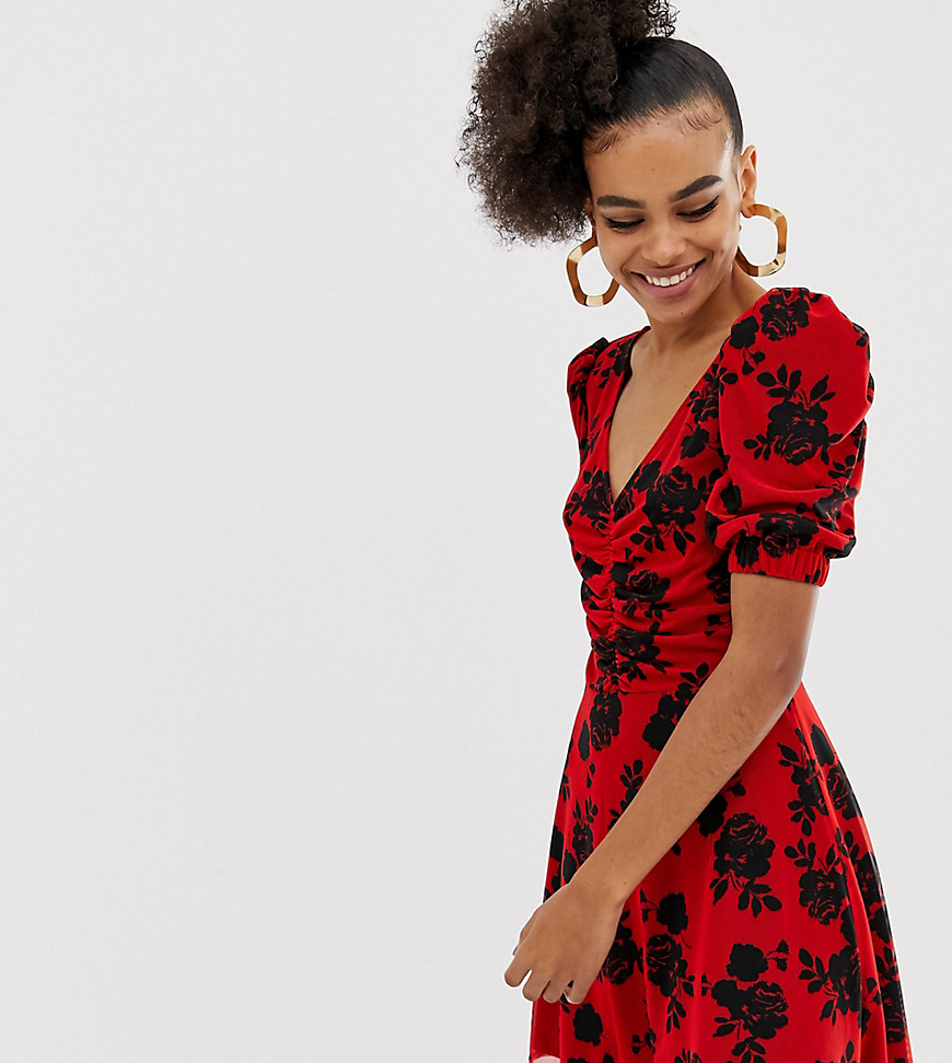 COLLUSION ruched skater dress in floral mesh