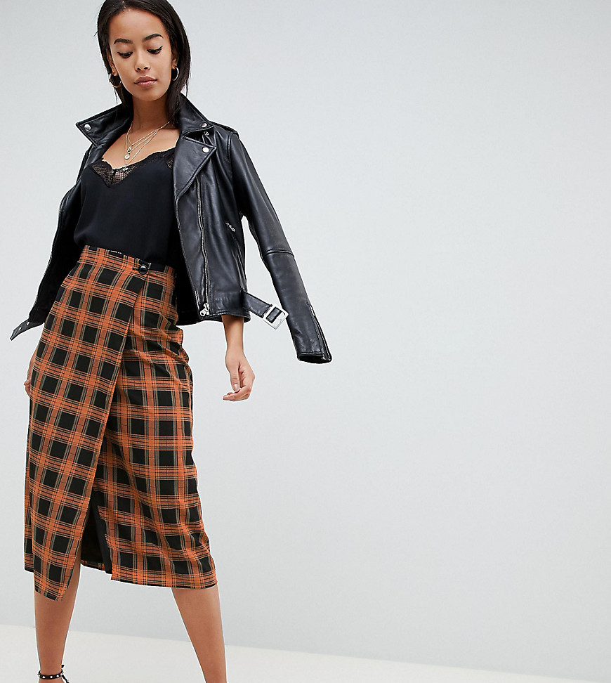 Fashion Union Tall Midi Pencil Skirt In Check - Peach check