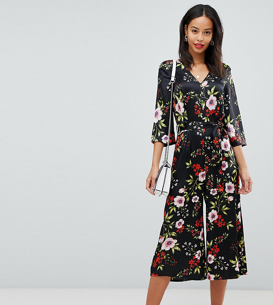 Influence Tall floral satin print jumpsuit with tie waist