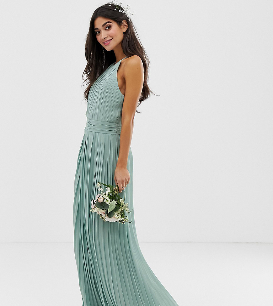 TFNC Petite bridesmaid exclusive high neck pleated maxi dress in sage