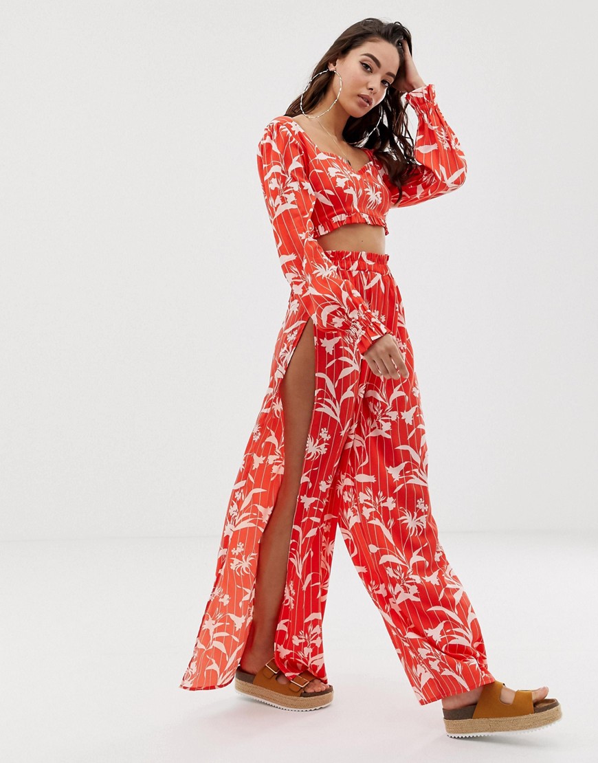 ASOS DESIGN wide leg beach trousers in flamenco floral stripe print co-ord