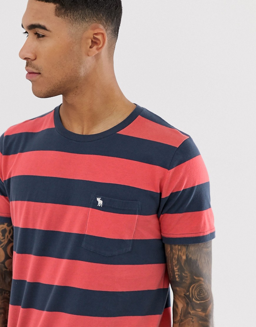 Abercrombie & Fitch icon logo pocket block stripe t-shirt in red/navy