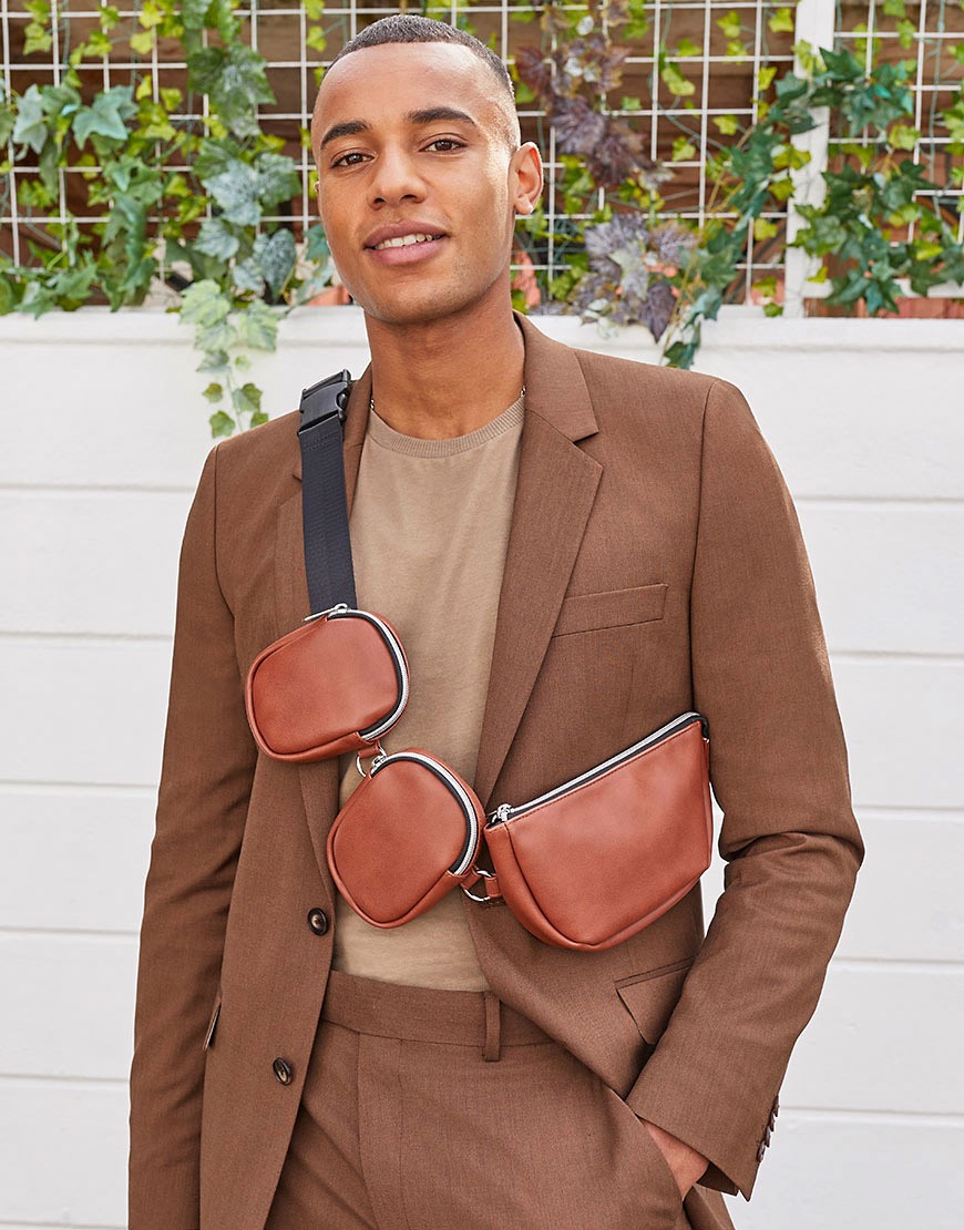 Asos Design Faux Leather Fanny Pack In Tan With Multi Pockets - Black