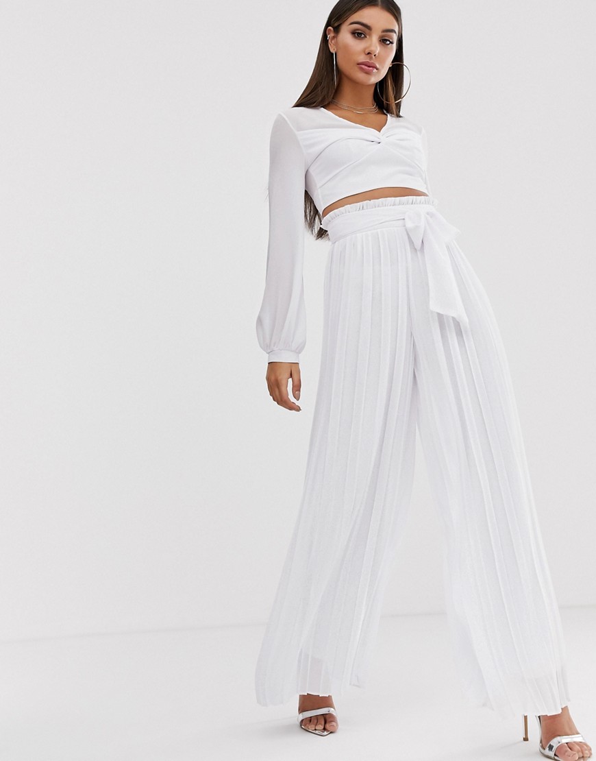 TFNC pleated wide leg trousers co-ord with tie waist in white