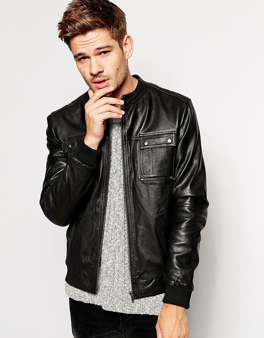 River Island | River Island Leather Bomber Jacket at ASOS
