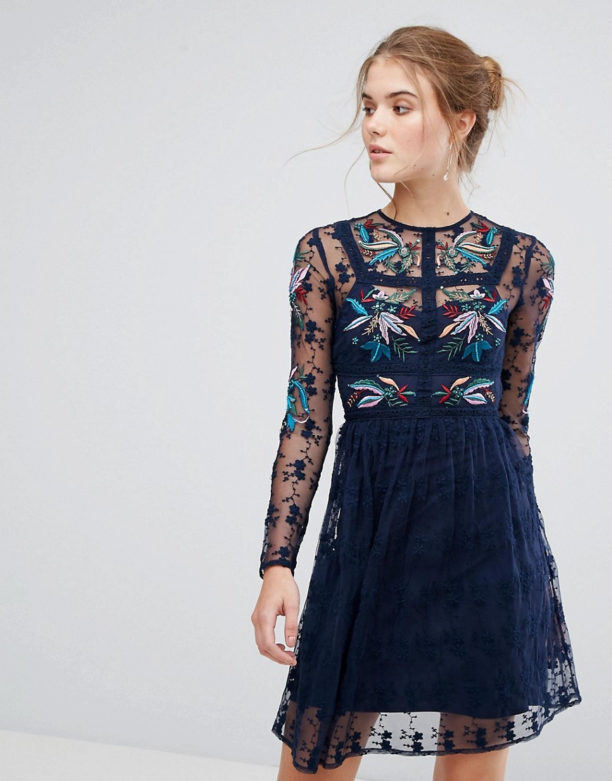 Frock And Frill Floral Embroidered Skater Mini Dress With Lace Trim - Navy