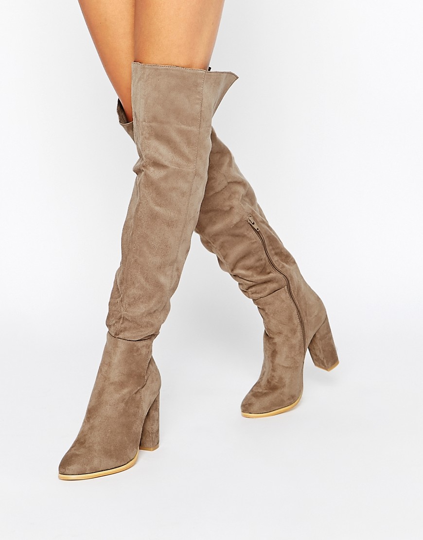 Image 1 of Daisy Street Taupe Block Heel Over The Knee Boots