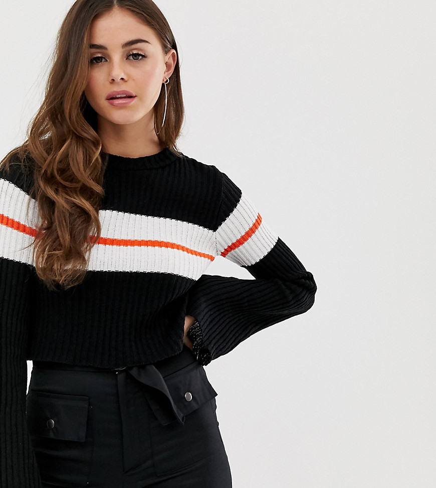 PrettyLittleThing cropped jumper with flared sleeve and stripe detail in black