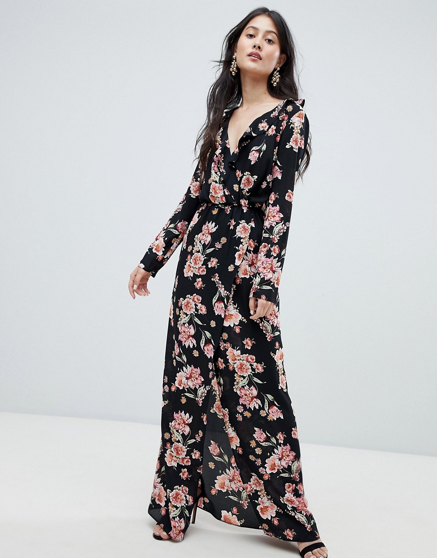 Oh My Love Frilled Neck Maxi Dress In Floral Print