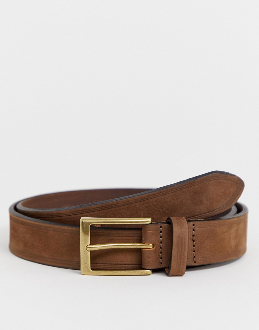ASOS DESIGN slim belt in brown leather with edge emboss and gold buckle