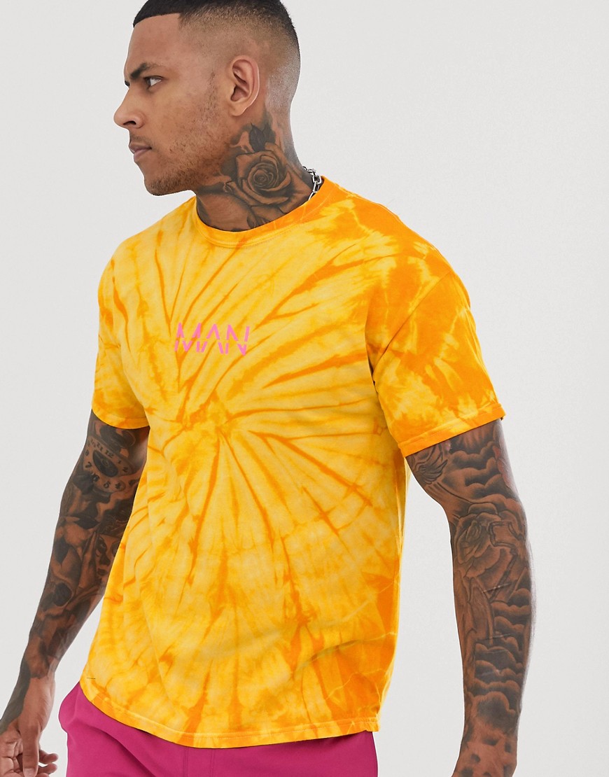 boohooMAN t-shirt with man print in yellow tie dye