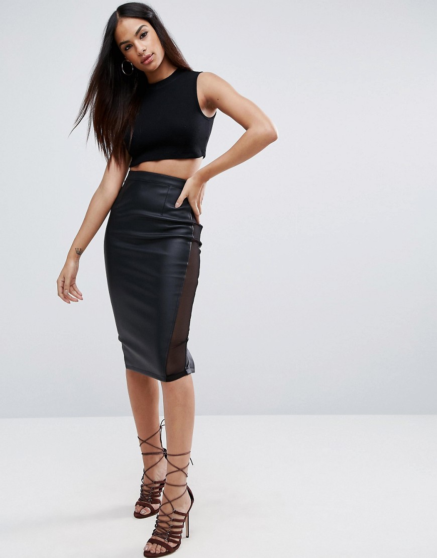 ASOS Pencil Skirt in Faux Leather with Mesh Panel Detail - Black