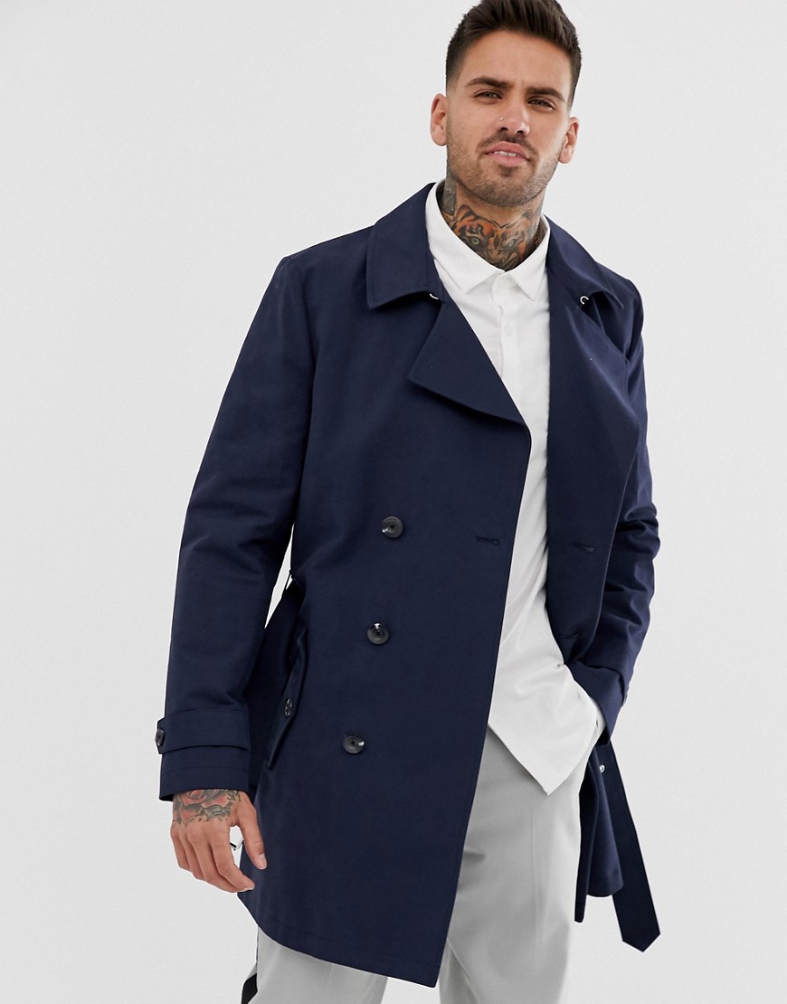 ASOS DESIGN shower resistant double breasted trench coat in navy