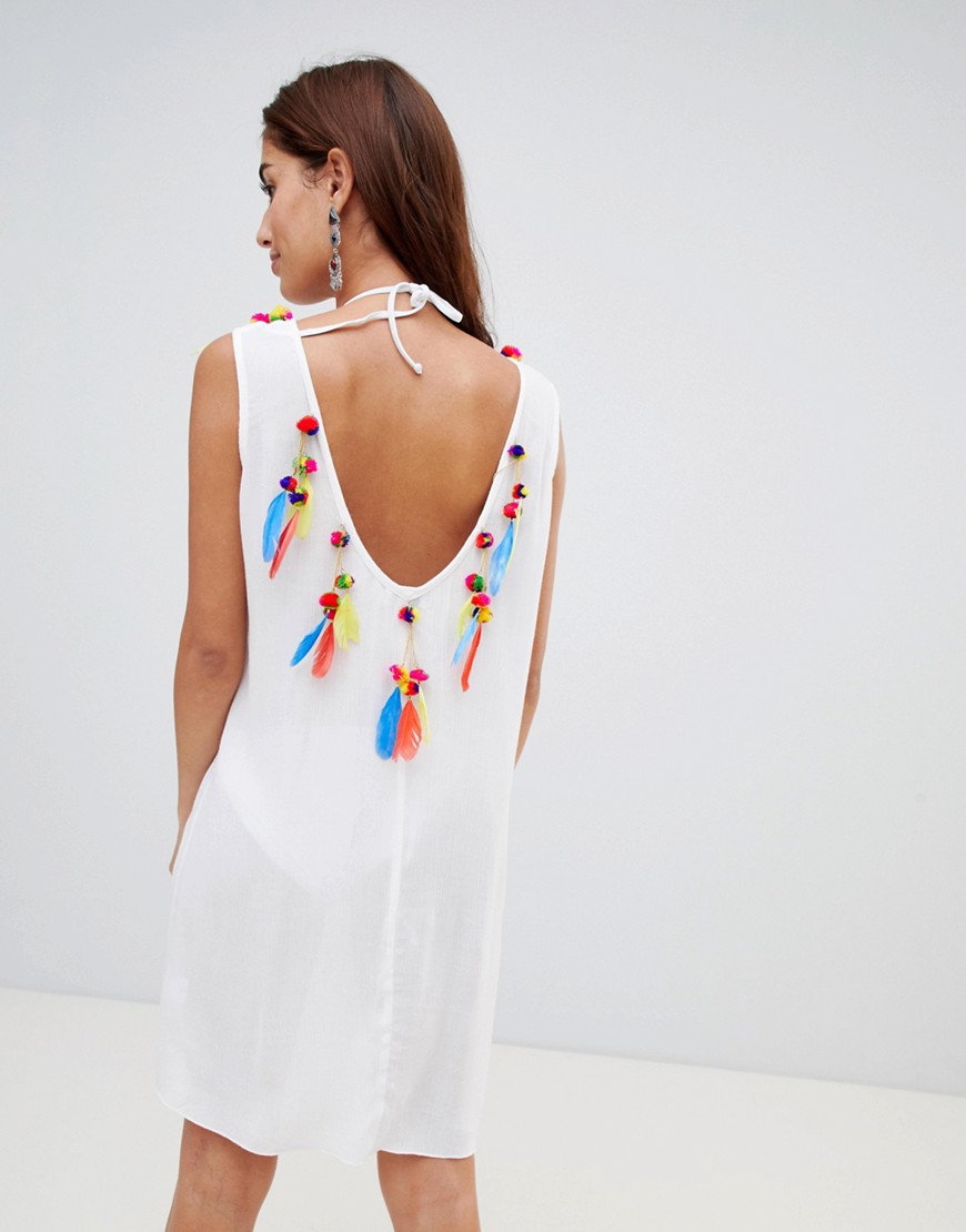 Anmol Low Back Beach Kaftan With Faux Feather and Pom Trim