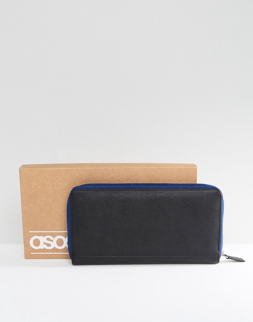 Черный кожаный дорожный бумажник для документов с контрастной темно-си ASOS DESIGN 