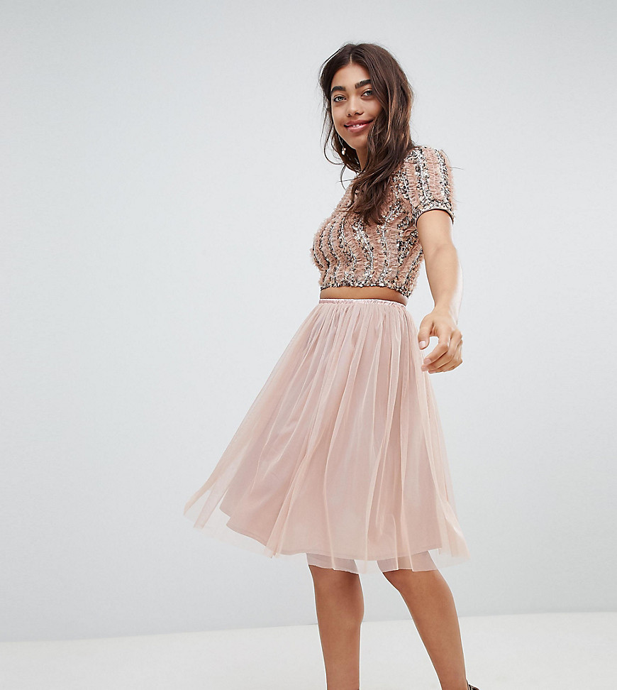 Lace & Beads tulle midi skirt in mink