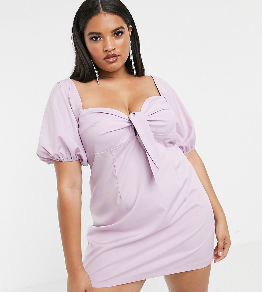Boohoo Plus skater dress with puff sleeve in lilac