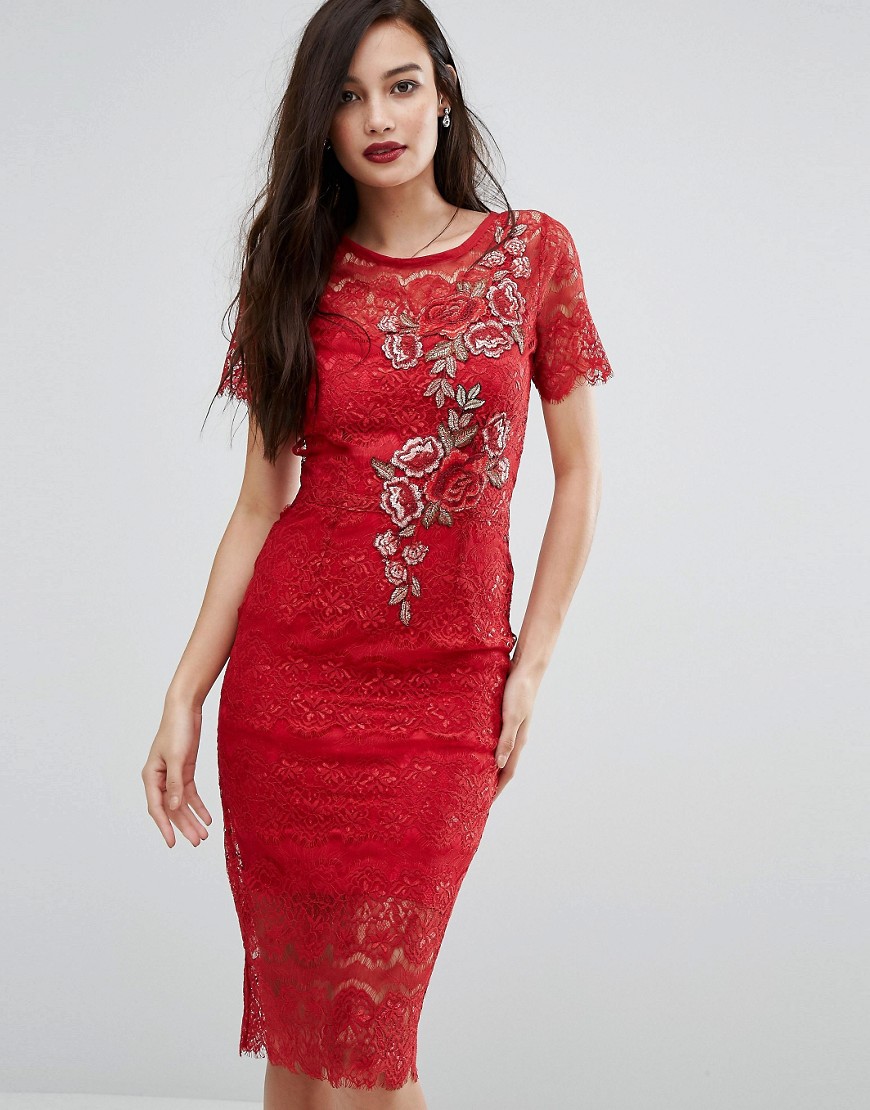 Bodyfrock Lace Bodycon Dress with Floral Applique - Red