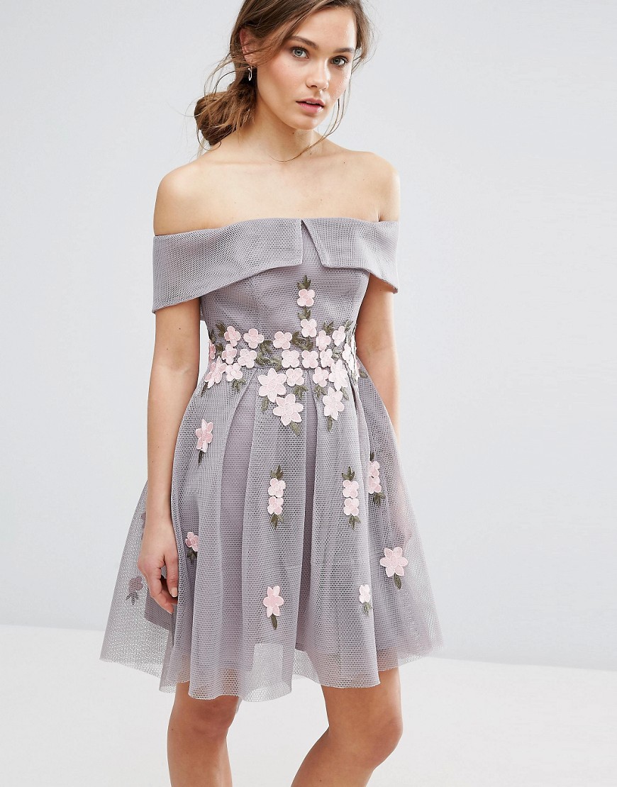 New Look Premium Floral Mesh Bardot Skater Dress - Grey