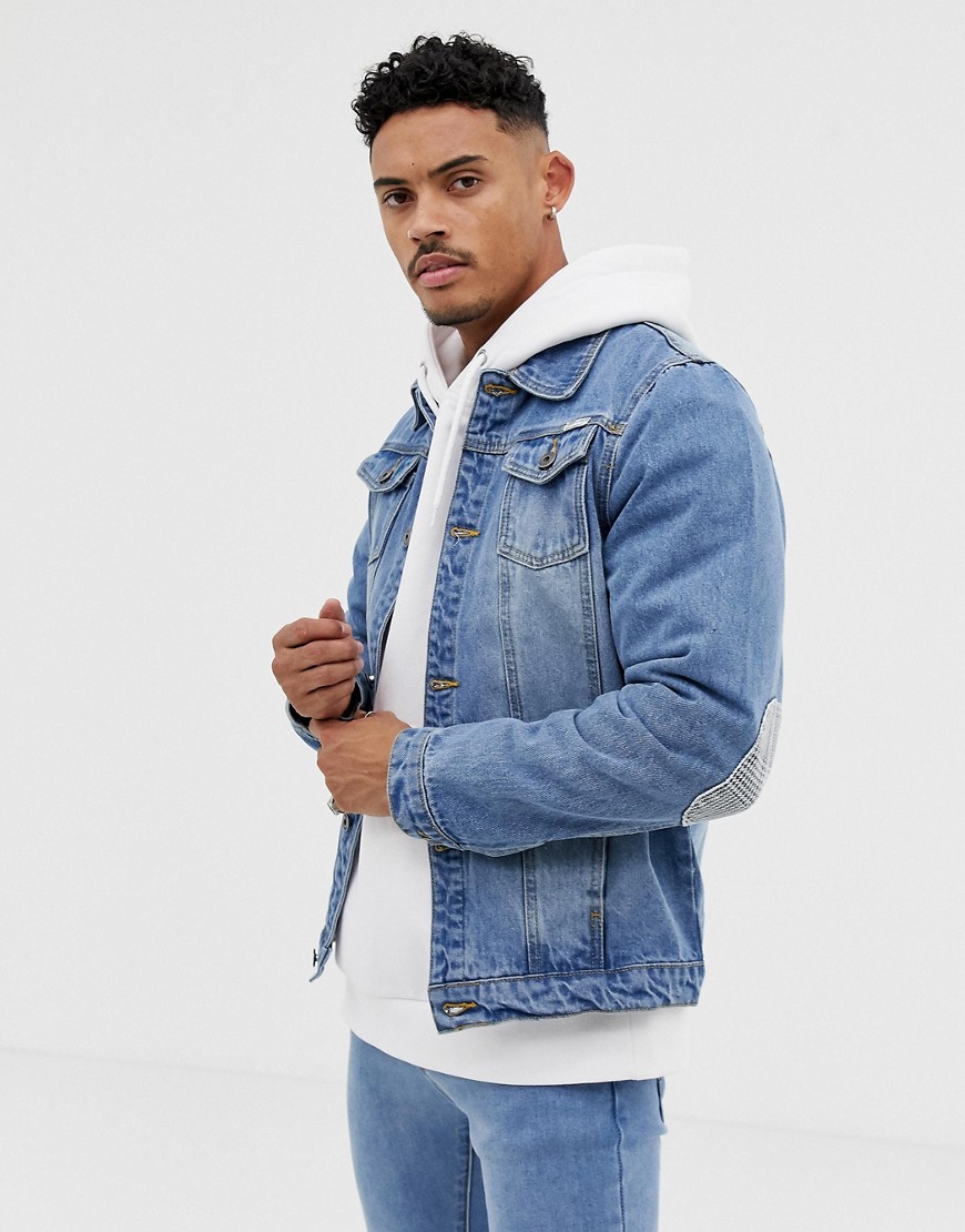 Liquor N Poker denim jacket with print and elbow patches in blue wash