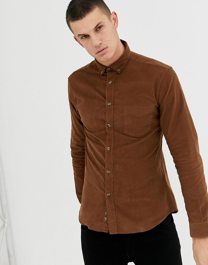 Celio slim fit long sleeve shirt with pocket in tan