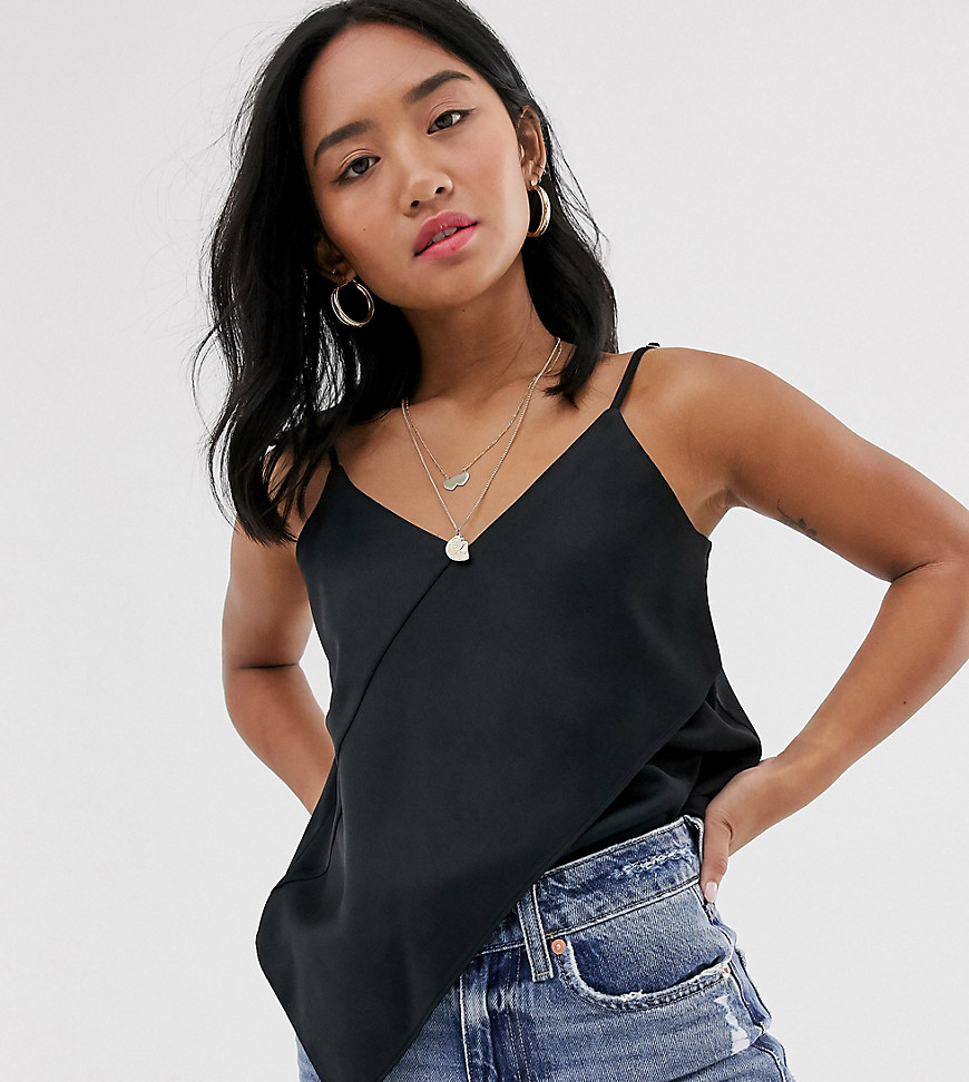 River Island Petite cami top with ruffle front in black