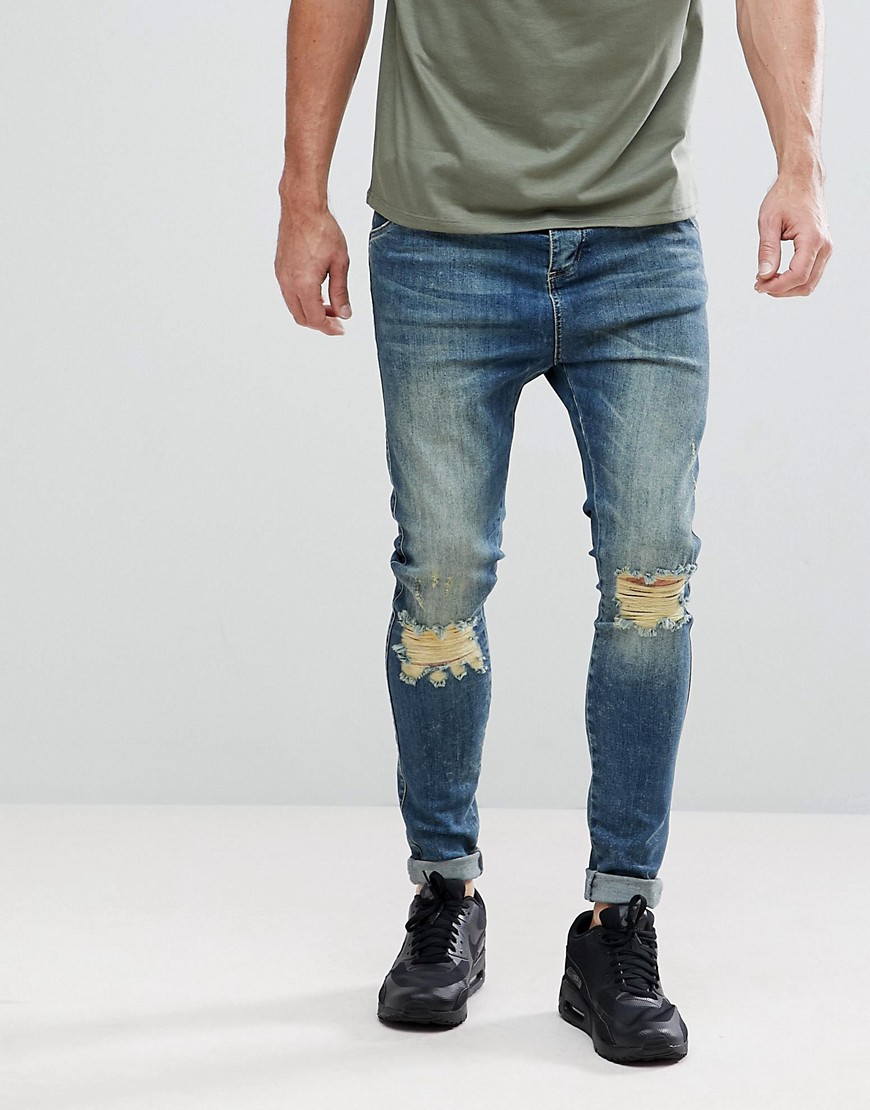 SikSilk Super Skinny Fit Drop Crotch Jeans With Knee Rips - Blue