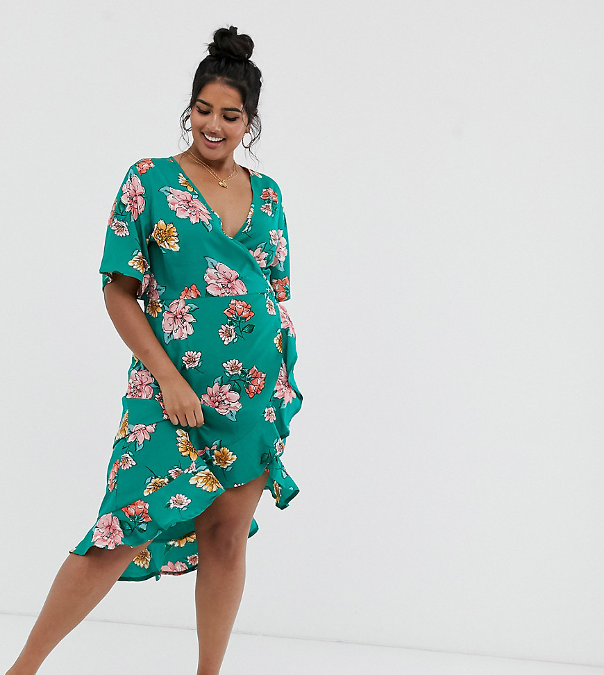 Influence Plus midi wrap dress with frill in floral print