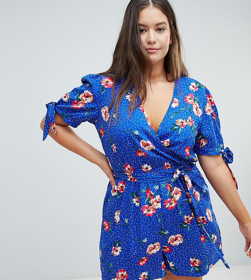 Influence Plus Polka Dot & Floral Playsuit With Tie Sleeves - Blue