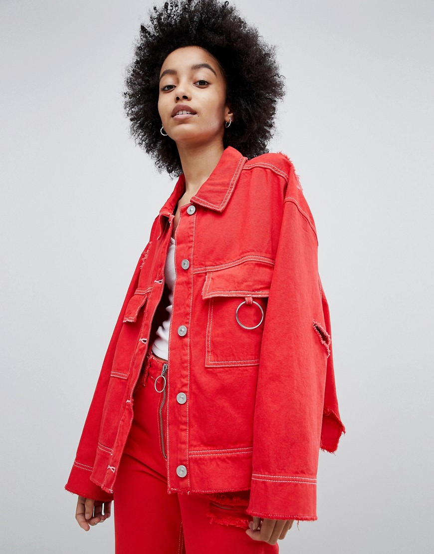 Bershka Denim Jacket With Ring Detail And Distressing - Red